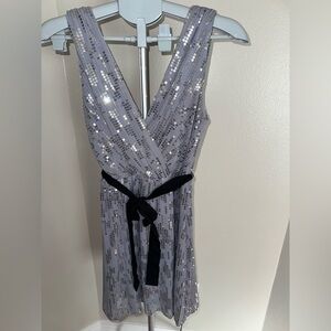 Express Silver Sequin Backless Dress with Black Sash